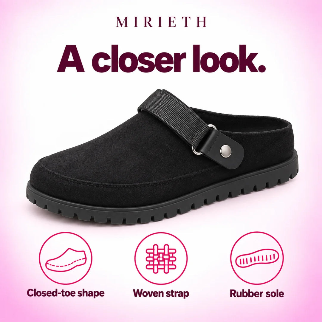 Black clog construction: closed toe, woven strap and rubber sole