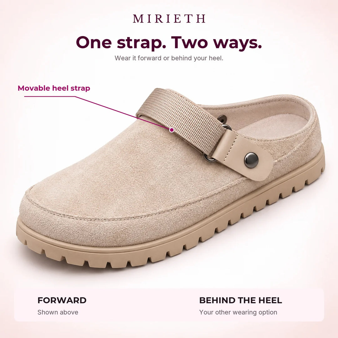 Khaki clog showing its woven heel strap in the forward position; the strap can also be worn behind the heel.