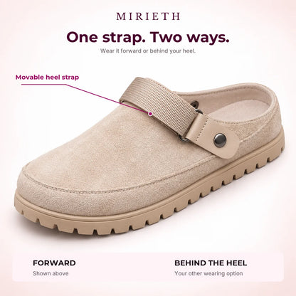 Khaki clog showing its woven heel strap in the forward position; the strap can also be worn behind the heel.