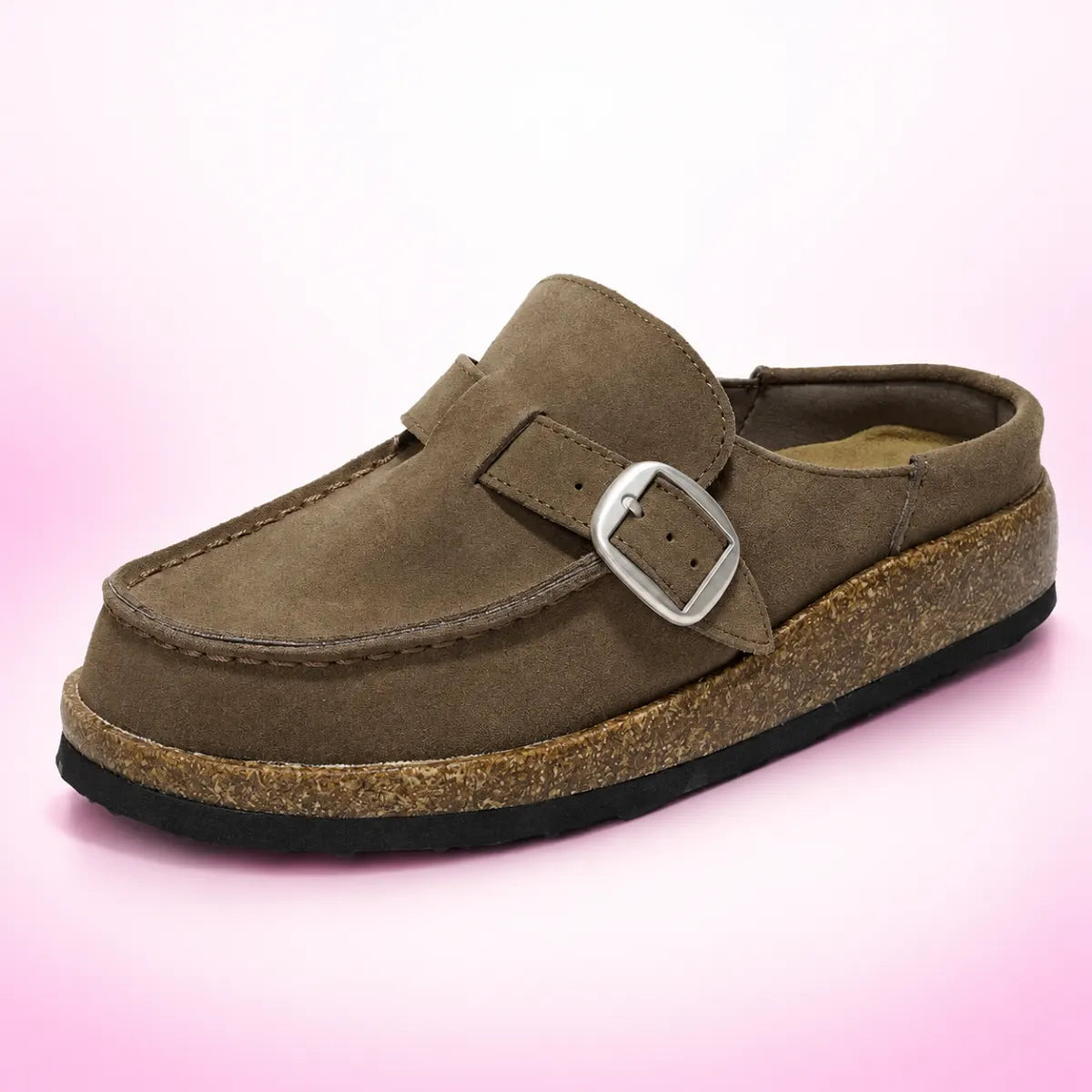 Taupe clog with buckle strap and textured platform sole