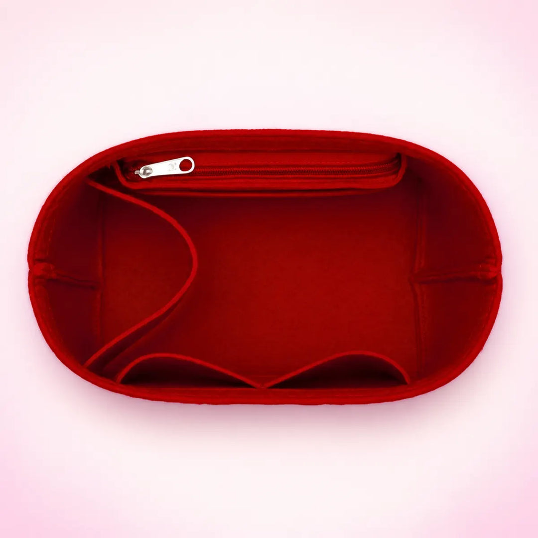 Red Mirieth Organised Bag Insert, overhead view showing the zip pocket and compartments