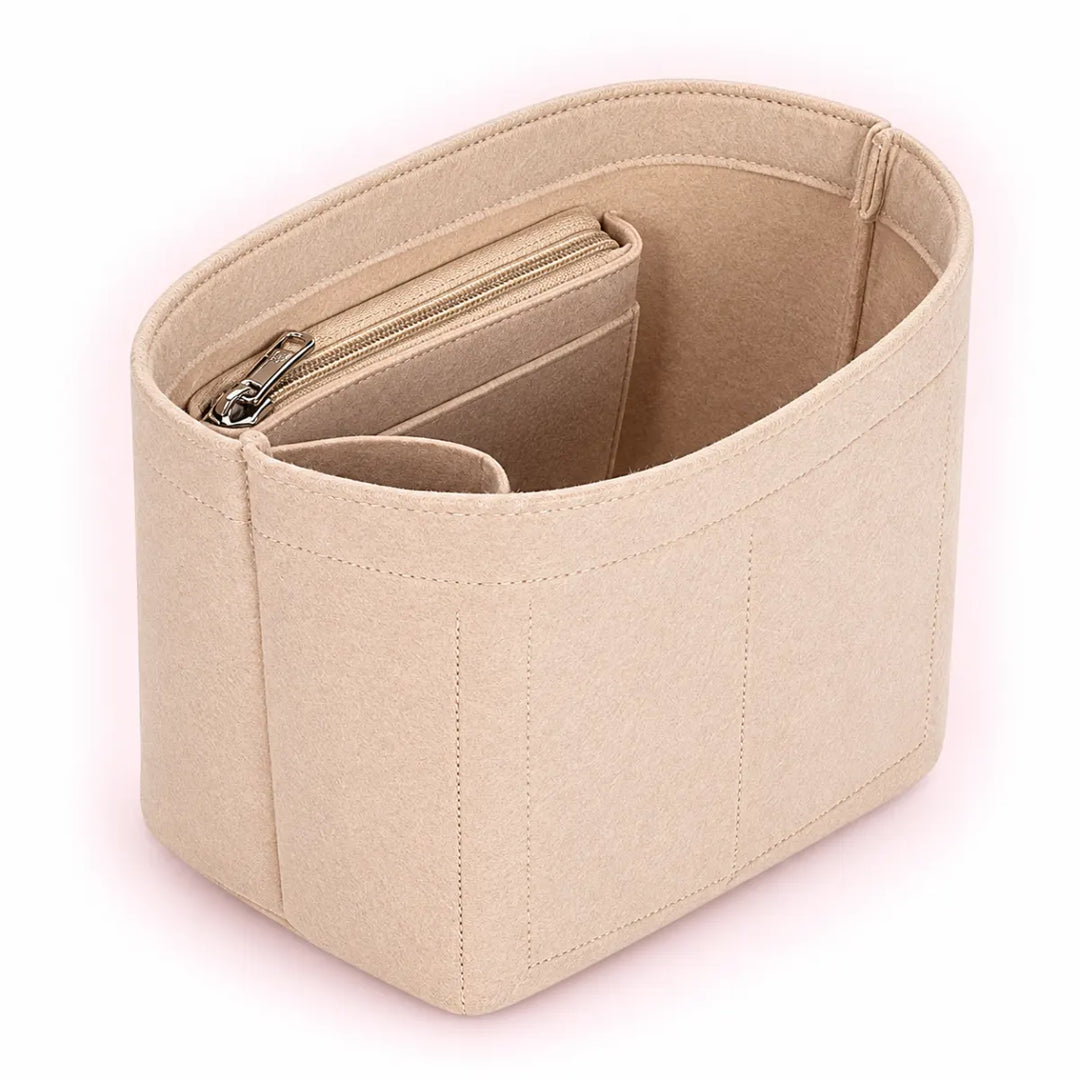 Beige Mirieth Organised Bag Insert in three-quarter view showing stitched sides and zip pocket