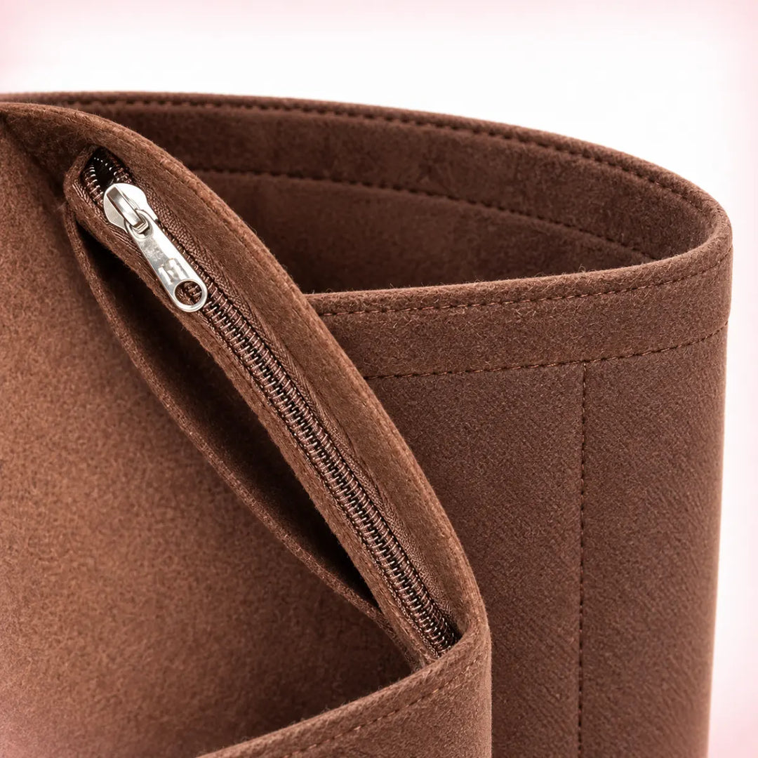 Brown Mirieth Organised Bag Insert detail showing the silver zipper and stitched rim