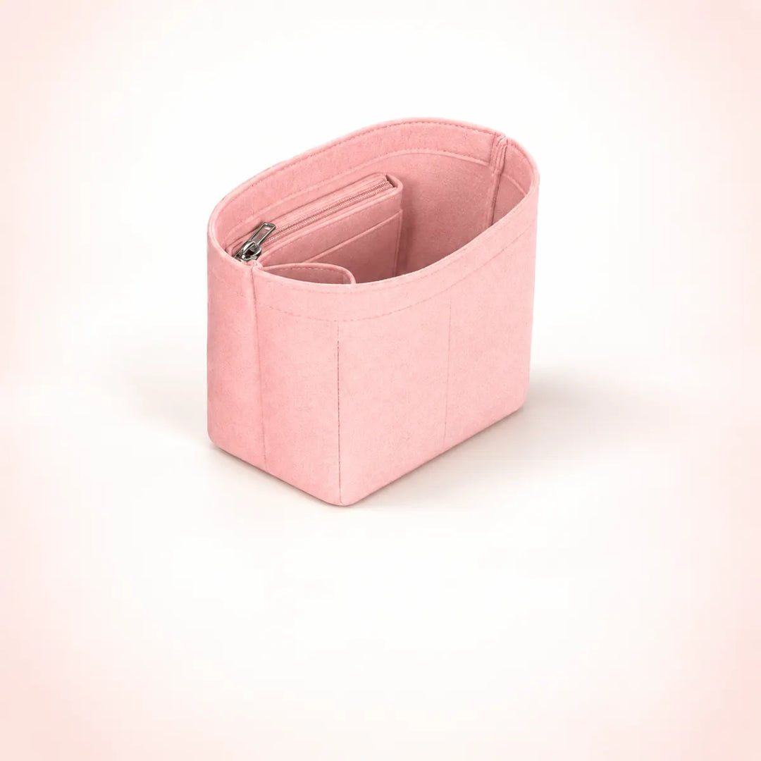 Pink Mirieth Organised Bag Insert in three-quarter view; dimensions 17 by 12 by 16 centimetres