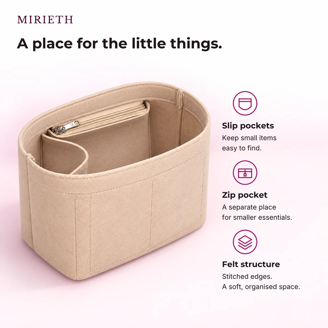 Mirieth bag insert: slip pockets, zip pocket and soft stitched structure