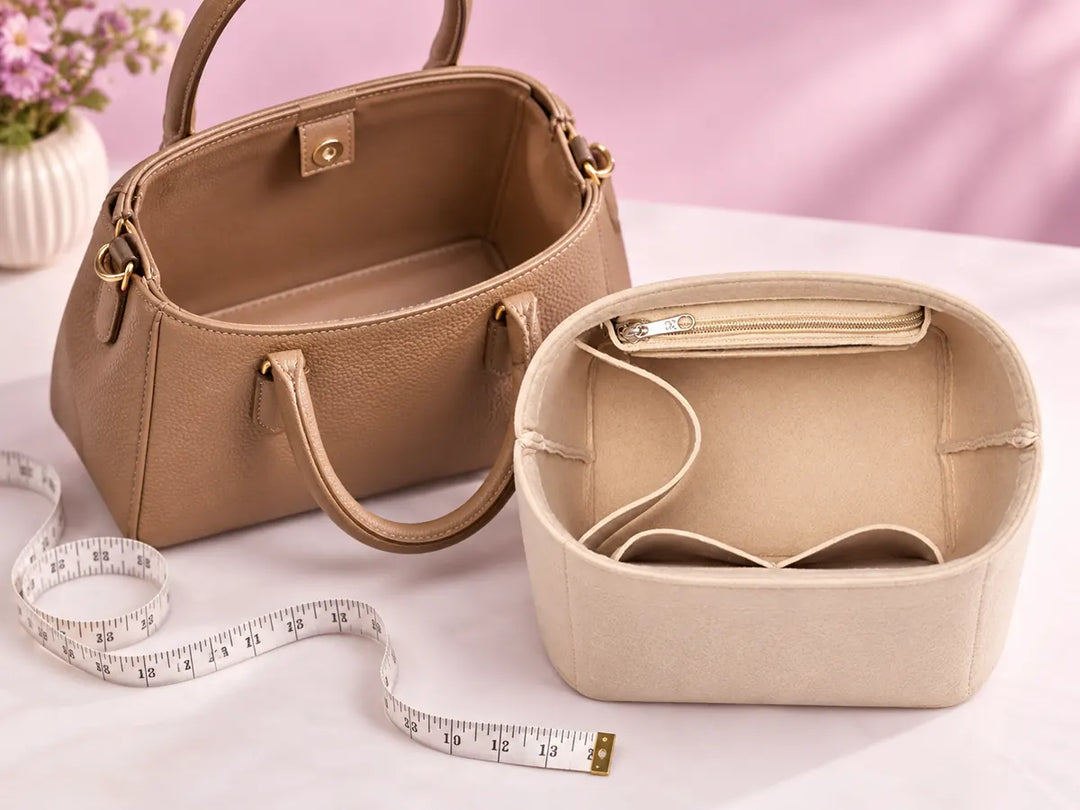 Mirieth organiser beside an open handbag and measuring tape