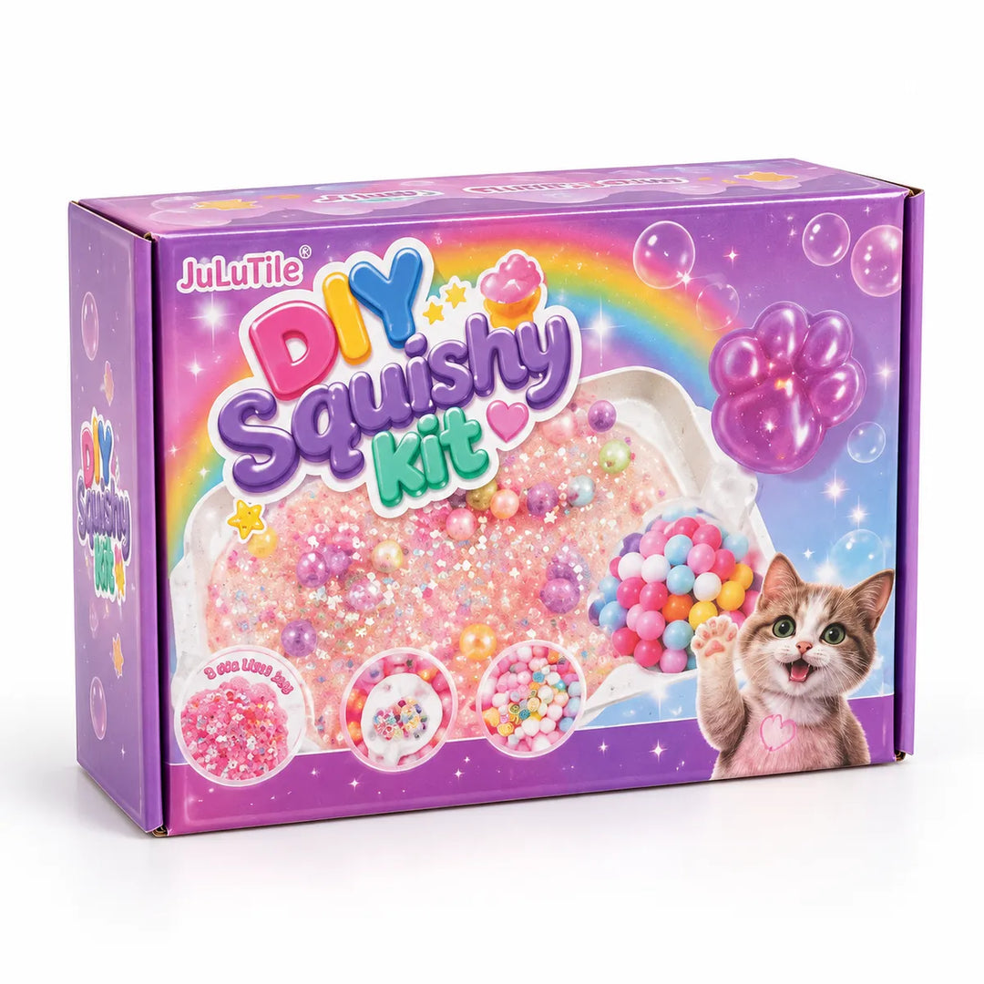 Purple rainbow DIY Squishy Kit packaging and visible craft accessories