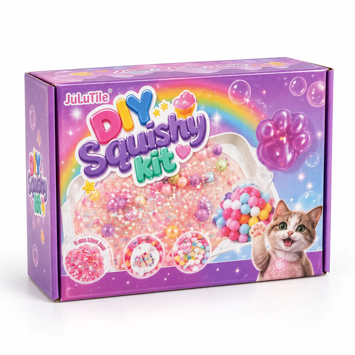 Purple rainbow DIY Squishy Kit packaging and visible craft accessories