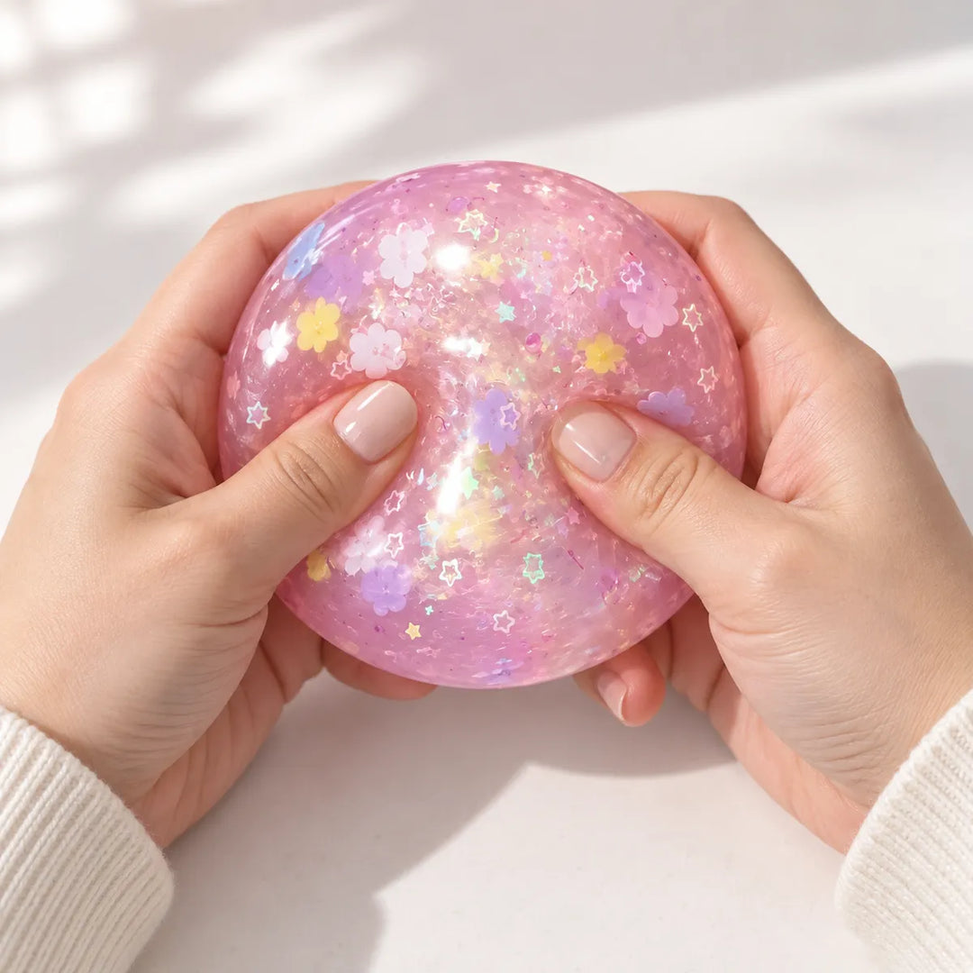 Hands squeezing a finished translucent decorated squishy