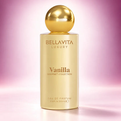 BellaVita Vanilla Eau de Parfum 100 mL bottle on Mirieth's blush background