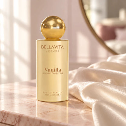 BellaVita Vanilla perfume on a softly lit vanity