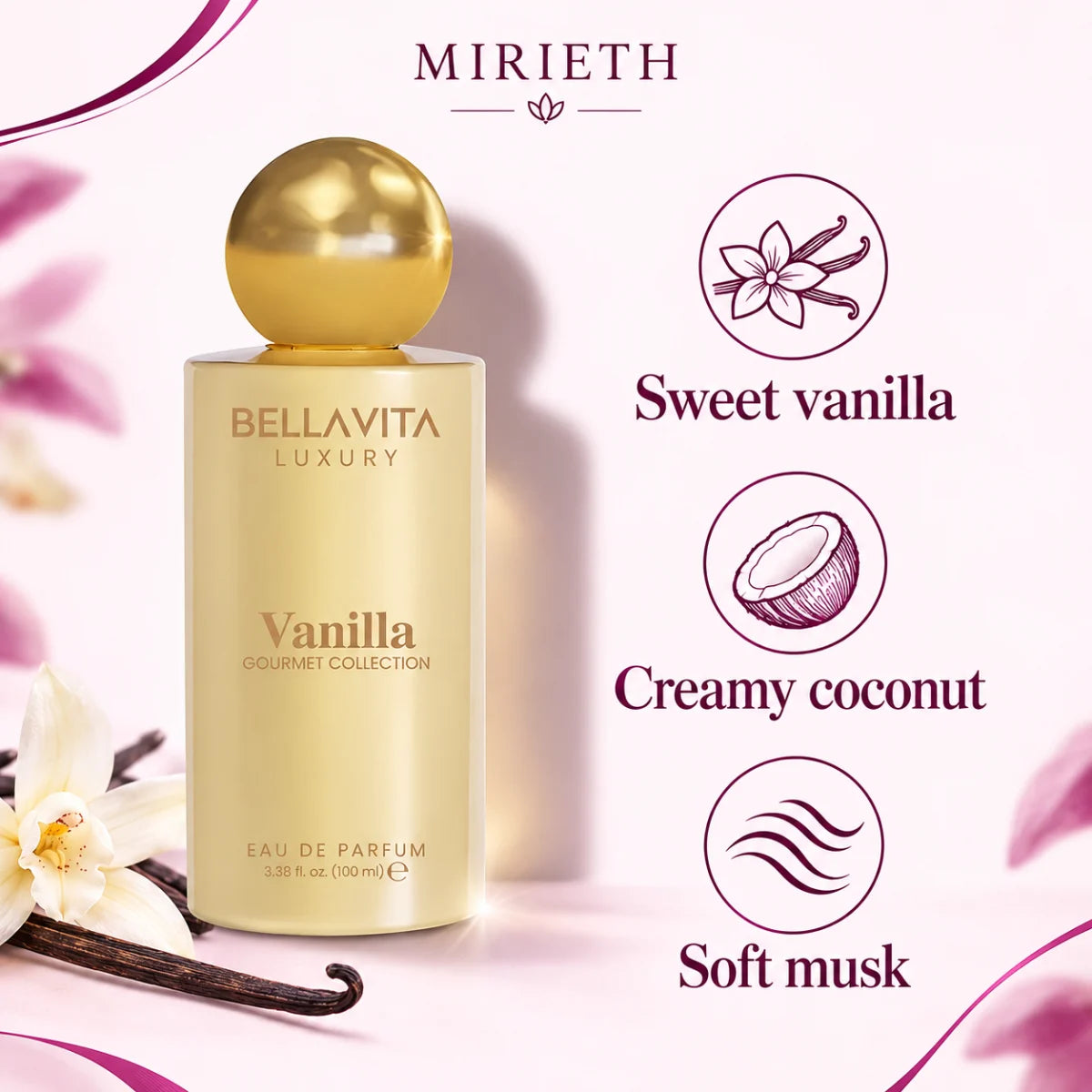 Mirieth fragrance guide: sweet vanilla, creamy coconut and soft musk; BellaVita Vanilla perfume