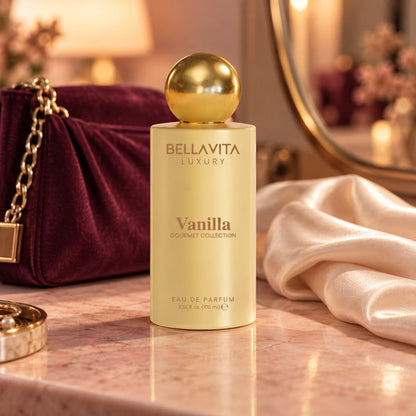 BellaVita Vanilla perfume styled on a dressing table for an evening out